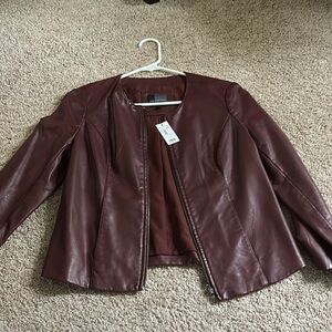 cognac faux leather jacket. NEVER WORN!!